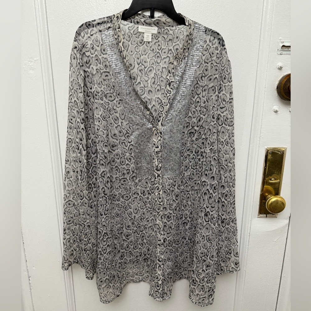 Vintage Charter Club Sheer Leopard Print Blouse With Sequins Size 20W